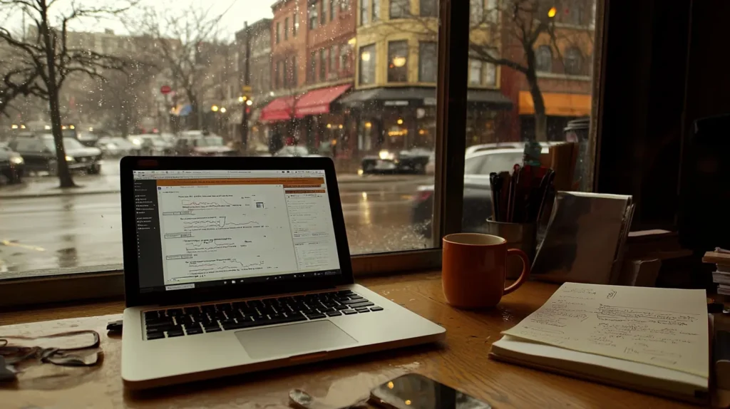 Laptop showing back link quality analytics in a coffee shop.